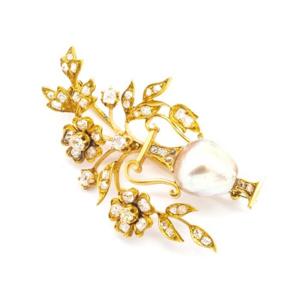 Antique Pearl Diamond Gold Jardiniere Brooch