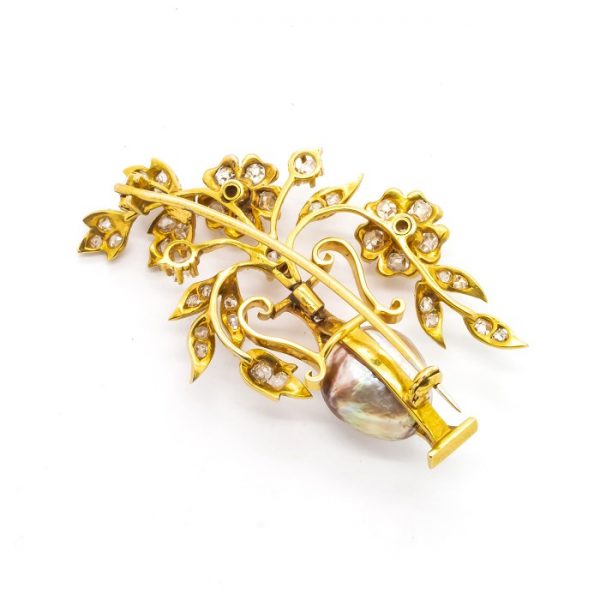 Antique Pearl Diamond Gold Jardiniere Brooch