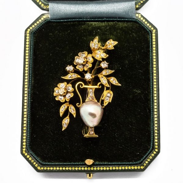 Antique Pearl Diamond Gold Jardiniere Brooch