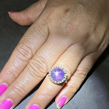 Antique Victorian 7ct Purple Star Sapphire Cluster Ring Sugarloaf Cabochon Cut