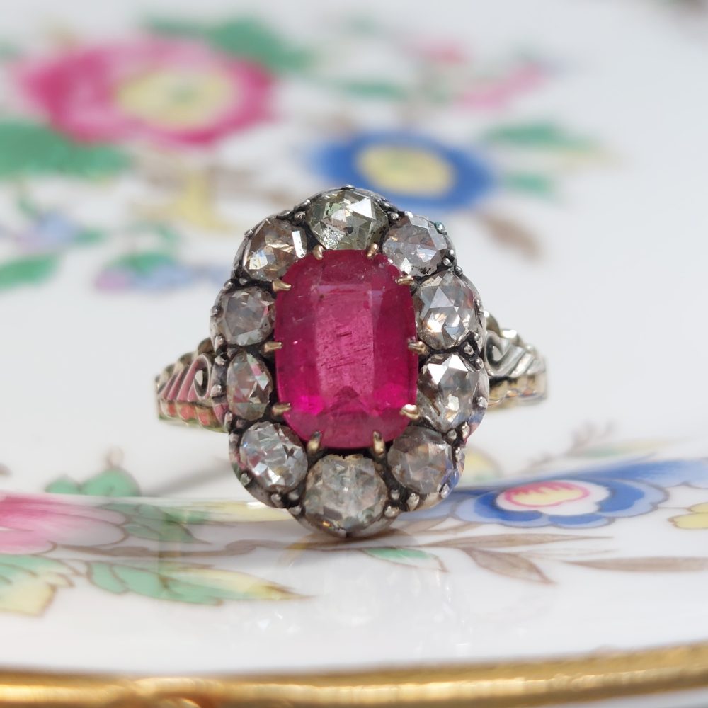 Antique Rose Cut Diamond and Pink Tourmaline Cluster Ring