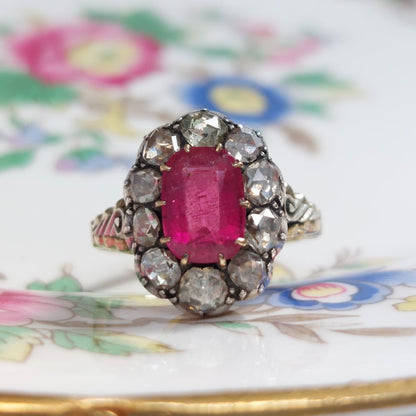 Antique Rose Cut Diamond and Pink Tourmaline Cluster Ring