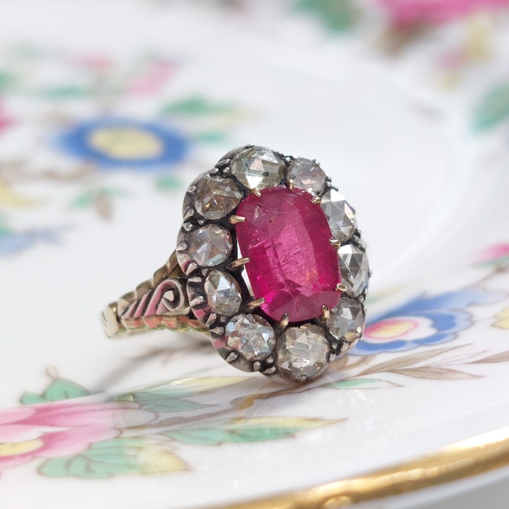 Antique Rose Cut Diamond and Pink Tourmaline Cluster Ring
