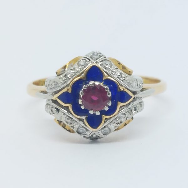 Antique Art Deco Ruby and Enamel Ring