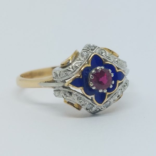 Antique Art Deco Ruby and Enamel Ring