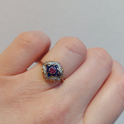 Antique Art Deco Ruby and Enamel Ring