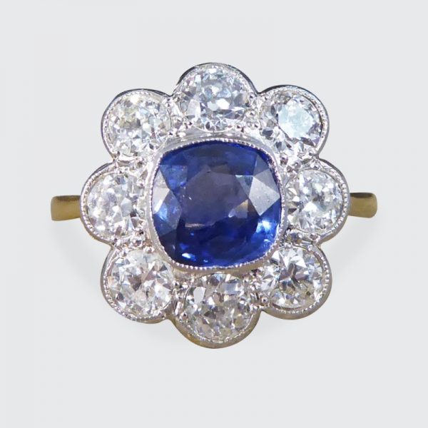 Antique Style 1.40ct Sapphire and 1.35ct Diamond Cluster Ring