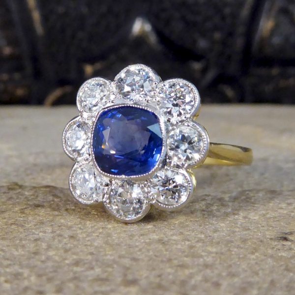 Antique Style 1.40ct Sapphire and 1.35ct Diamond Cluster Ring