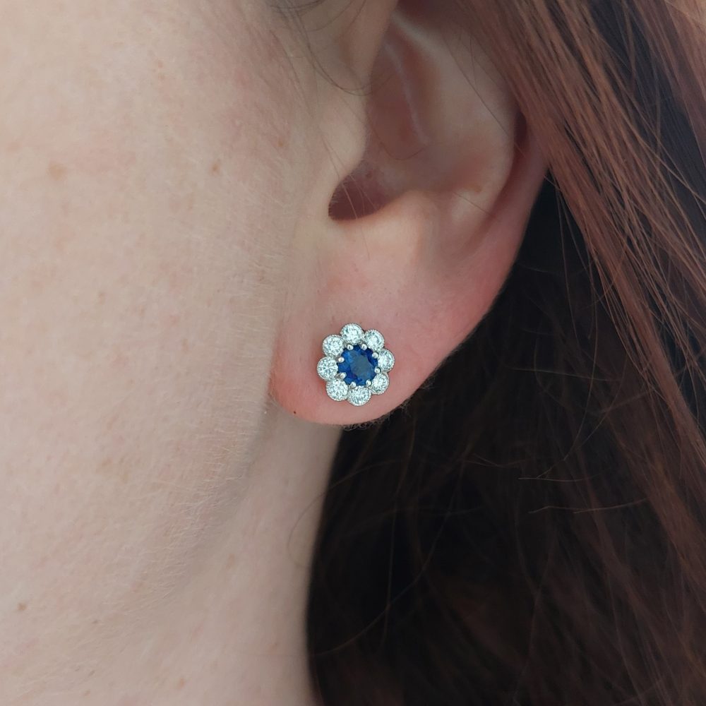 Antique Style 1.45ct Sapphire and Diamond Cluster Stud Earrings