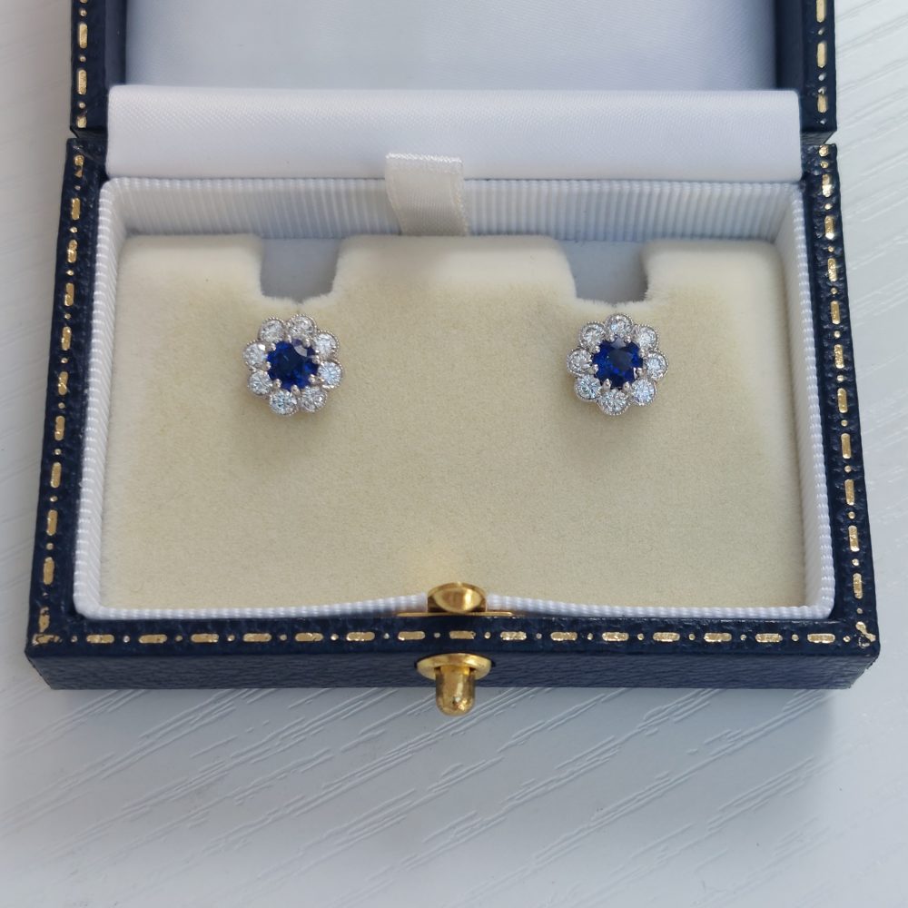 Antique Style 1.45ct Sapphire and Diamond Cluster Stud Earrings