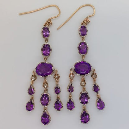 Antique Style Amethyst and Rose Cut Diamond Chandelier Earrings