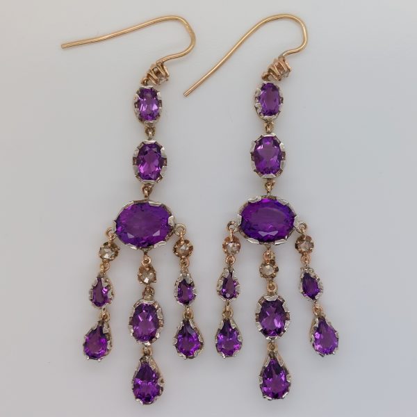 Antique Style Amethyst and Rose Cut Diamond Chandelier Earrings