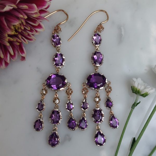 Antique Style Amethyst and Diamond Chandelier Earrings