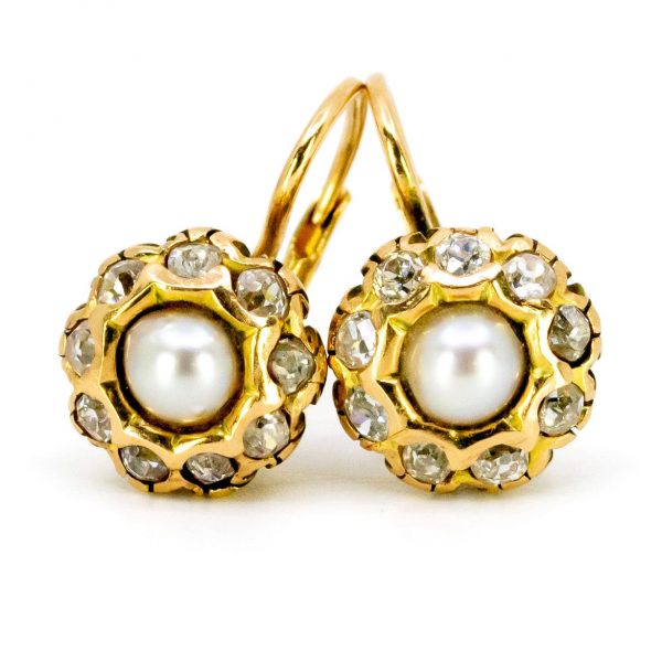 Antique Style Pearl and Old Mine Cut Diamond 18ct Gold Earrings