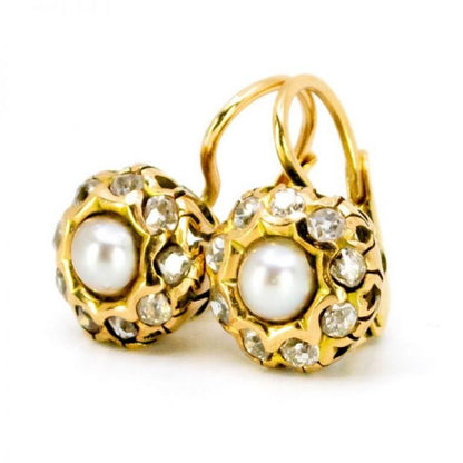 Antique Style Pearl and Old Mine Cut Diamond 18ct Gold Earrings