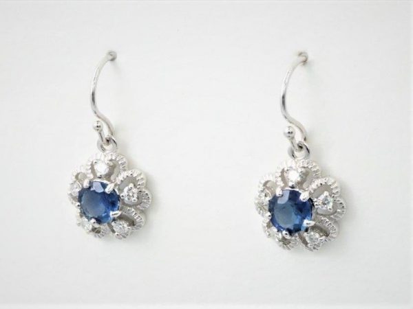 Antique Style Floral Sapphire and Diamond White Gold Earrings