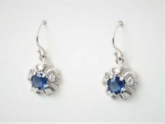 Antique Style Floral Sapphire and Diamond White Gold Earrings