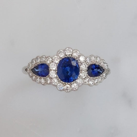 Antique Style Triple 1.50ct Sapphire and Diamond Cluster Ring
