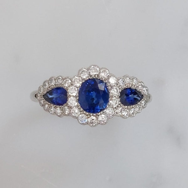 Antique Style Triple 1.50ct Sapphire and Diamond Cluster Ring