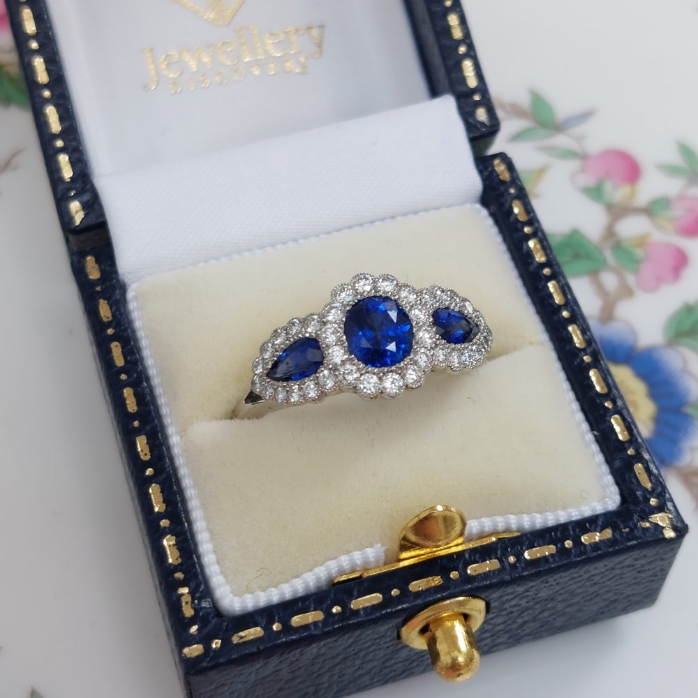 Antique Style Triple 1.50ct Sapphire and Diamond Cluster Ring