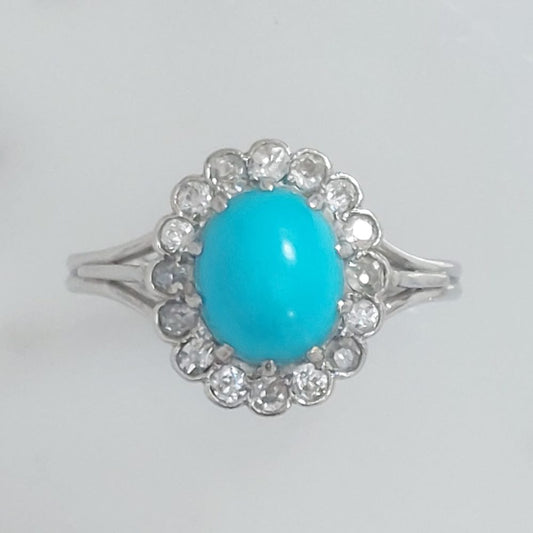 Antique Turquoise and Diamond Cluster Ring