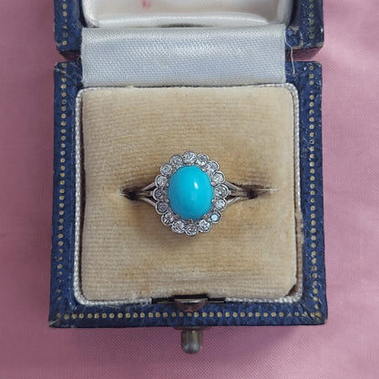 Antique Turquoise and Diamond Cluster Ring