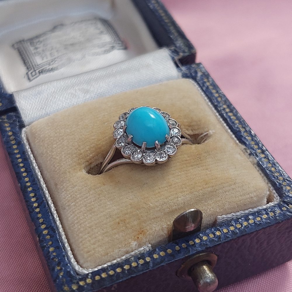 Antique Turquoise and Diamond Cluster Ring