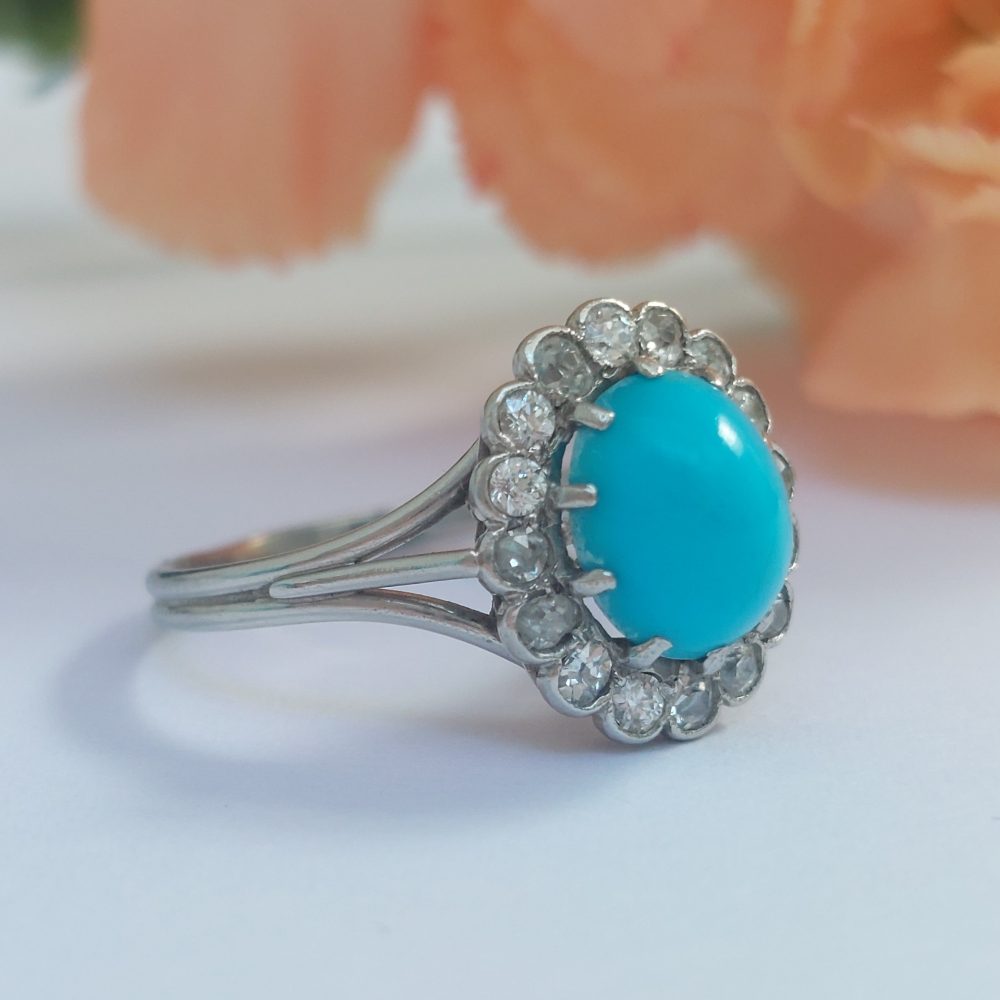Antique Turquoise and Diamond Cluster Ring