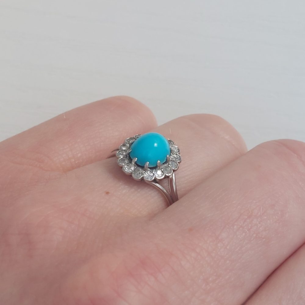 Antique Turquoise and Diamond Cluster Ring