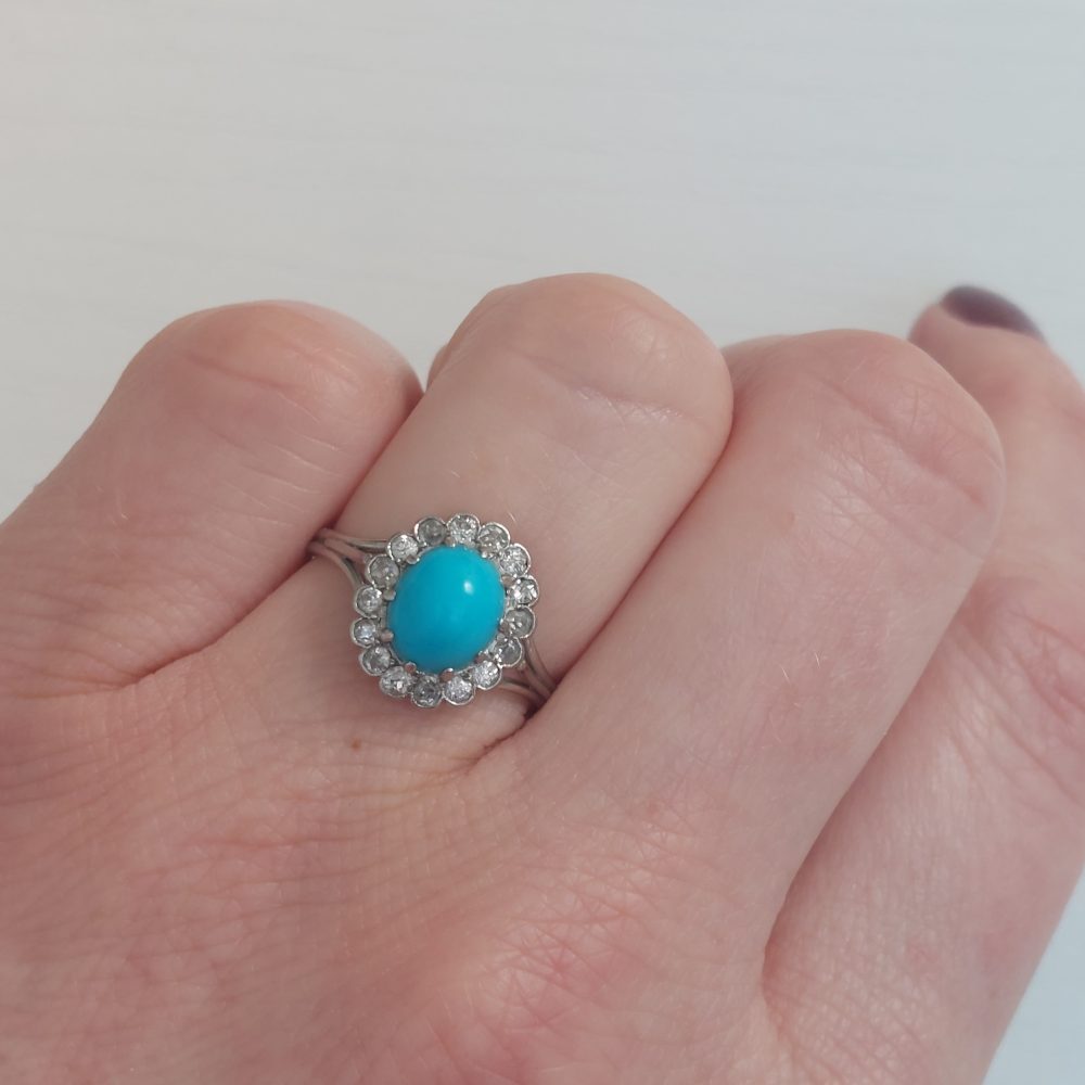 Antique Turquoise and Diamond Cluster Ring