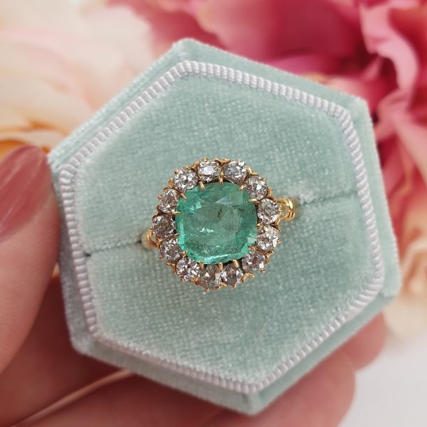 Antique Victorian 1.30ct Emerald and Diamond Cluster Ring