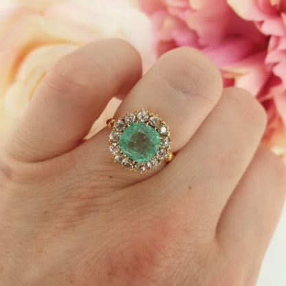 Antique Victorian 1.30ct Emerald and Diamond Cluster Ring