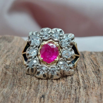 Antique Victorian 1ct Ruby and Diamond Cluster Ring
