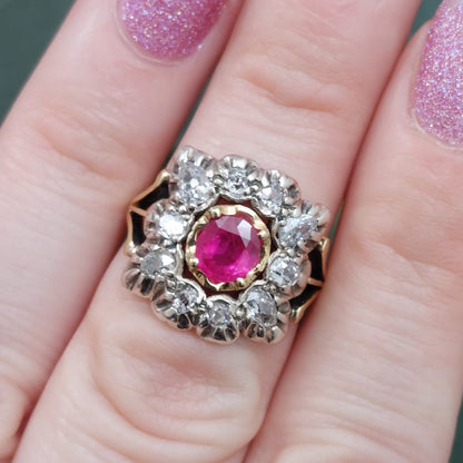Antique Victorian 1ct Ruby and Diamond Cluster Ring