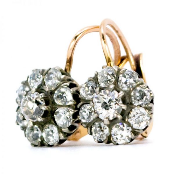 Antique Victorian 2ct Old Mine Cut Diamond Cluster Drop Earrings