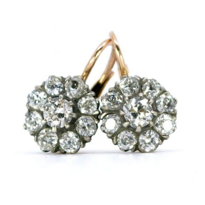 Antique Victorian 2ct Old Mine Cut Diamond Cluster Drop Earrings