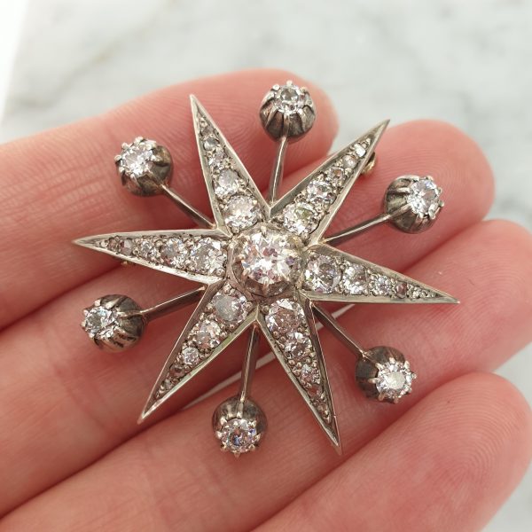 Antique Victorian 3.50ct Old Cut Diamond Star Brooch