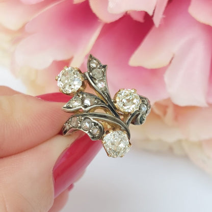 Antique Victorian 3ct Old Mine Cut Diamond Floral Ring