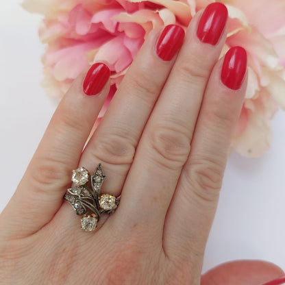 Antique Victorian 3ct Old Mine Cut Diamond Floral Ring