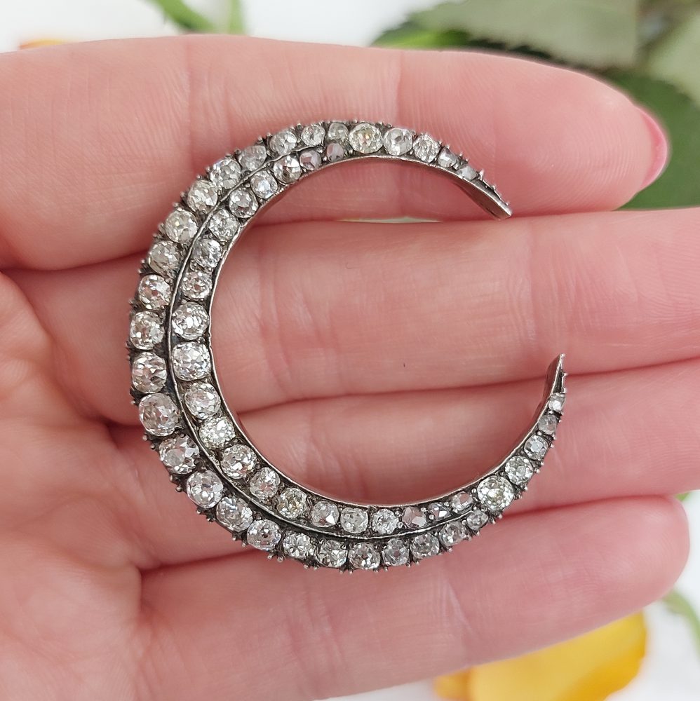 Antique Victorian 6cts Old Cut Diamond Crescent Brooch