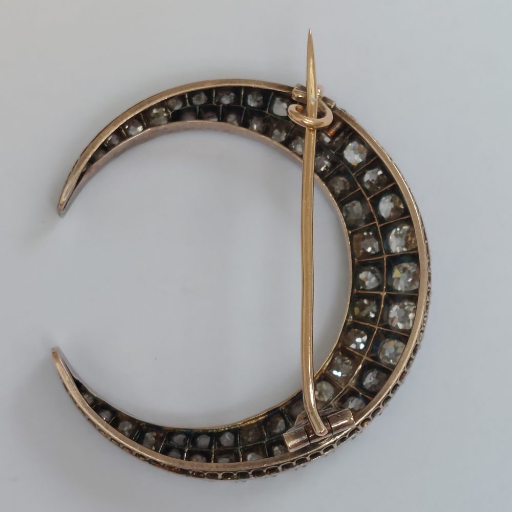 Antique Victorian 6cts Old Cut Diamond Crescent Brooch