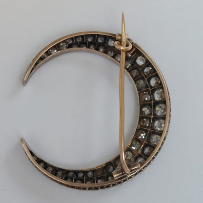 Antique Victorian 6cts Old Cut Diamond Crescent Brooch