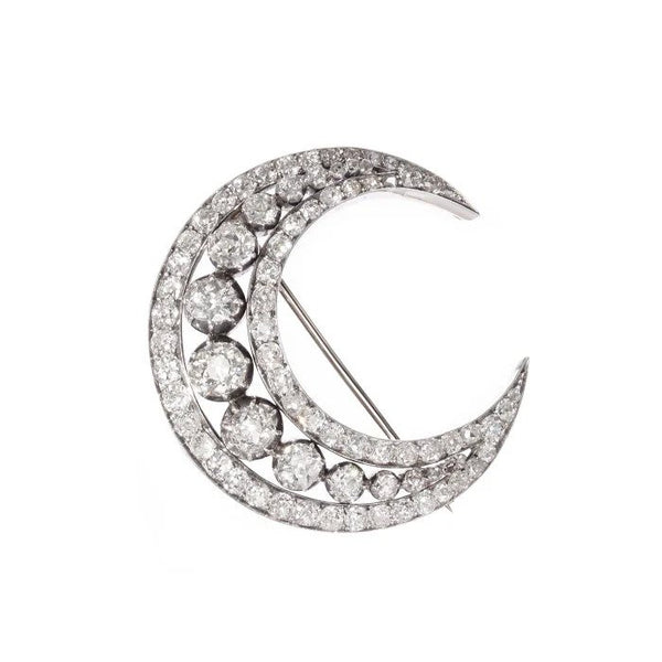 Antique Victorian 8.55ct Old Cut Diamond Crescent Moon Brooch