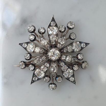 Antique Victorian 9ct Old Cut Diamond Floral Pendant Brooch
