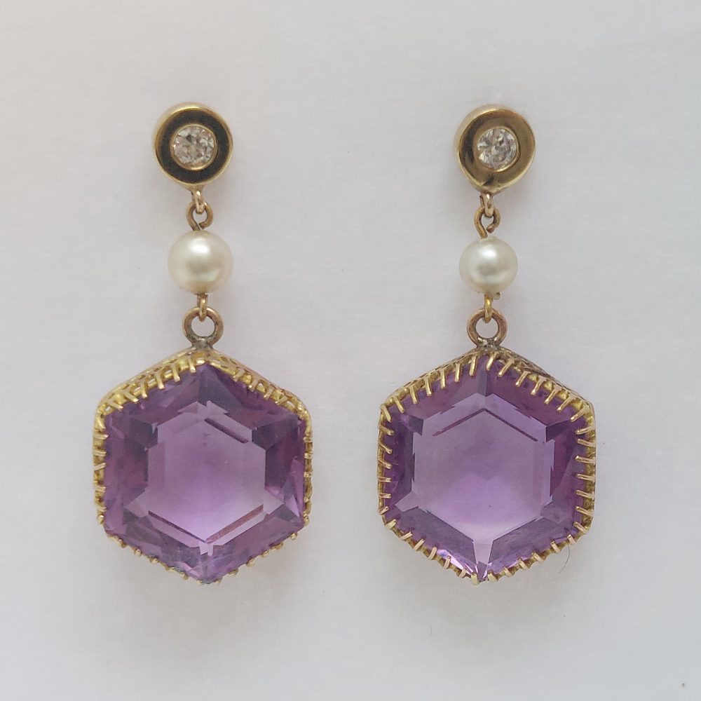 Antique Victorian Amethyst Pearl and Diamond Drop Earrings
