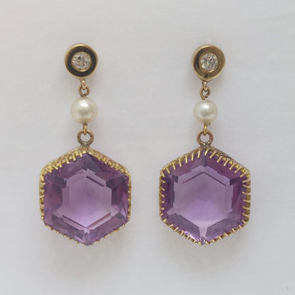 Antique Victorian Amethyst Pearl and Diamond Drop Earrings