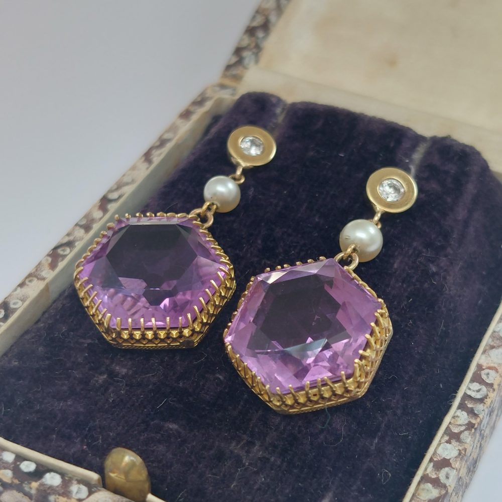 Antique Victorian Amethyst Pearl and Diamond Drop Earrings