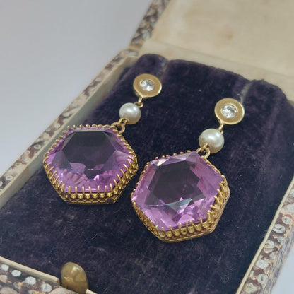 Antique Victorian Amethyst Pearl and Diamond Drop Earrings