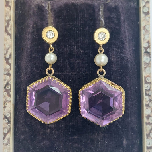 Antique Victorian Amethyst Pearl and Diamond Drop Earrings