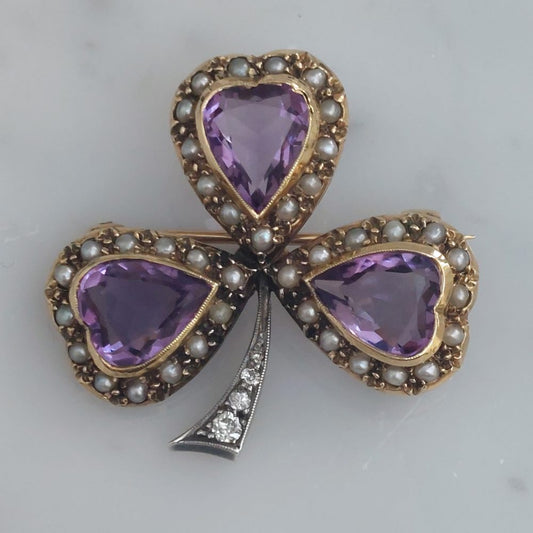 Antique Victorian Amethyst Shamrock Brooch